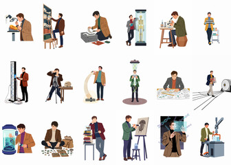 Fototapeta premium Illustrations of a male researcher and scientist performing various tasks in paleontology, archaeology, genetics, and museum curation on a white background.