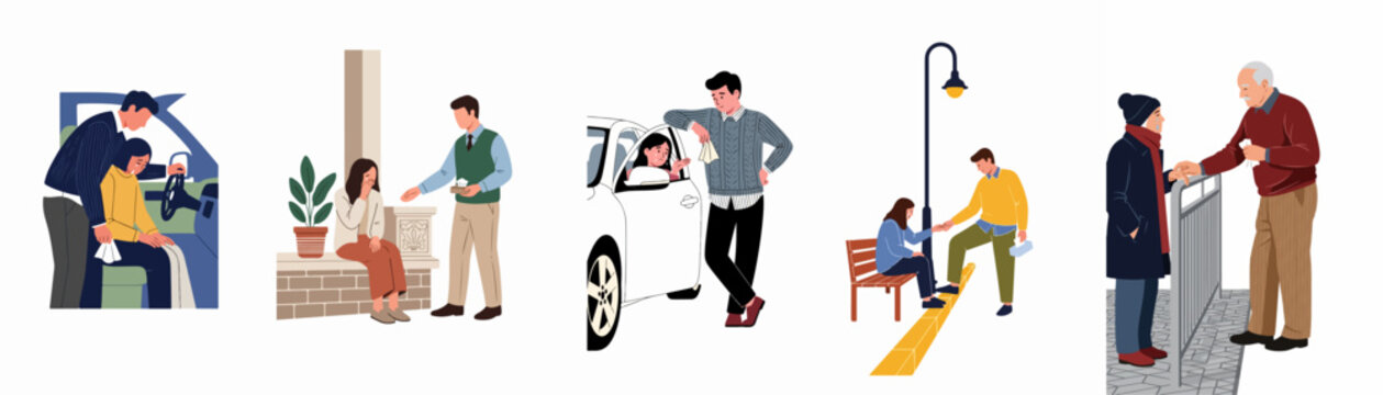Illustration set showing men offering support and comfort to crying women in various locations, illustrating empathy, kindness, and emotional support in difficult times.