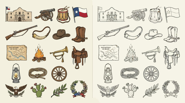 Collection of Texas historical symbols and icons, including the Alamo, cowboy gear, and Texan flag.