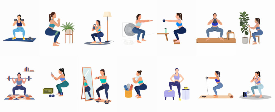 Flat vector illustration set of a woman performing various squat exercises and lower body workouts with different equipment in a home gym setting.