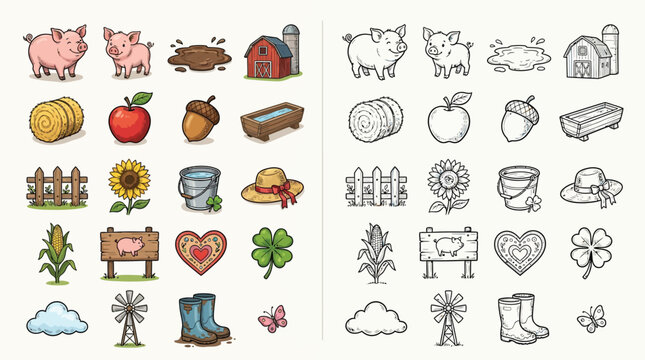 Cute Farm Icons Set with Pigs, Barn, Hay, and Other Elements.
