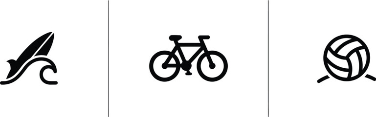 Black icons of dolphin, bicycle and volleyball © SADIA