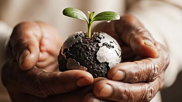 Hands holding small earth globe with growing green plant