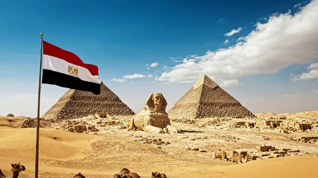 Giza pyramids and sphinx with waving egyptian flag and bedouin guide in the sahara desert, iconic ancient egyptian travel landmark