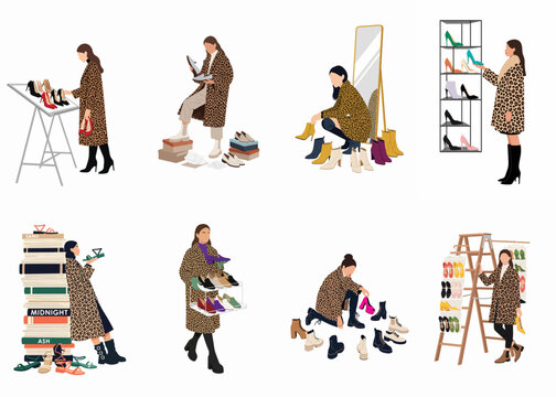 Set of illustrations featuring a woman in a leopard print coat shopping for, organizing, and trying on various types of shoes and boots.