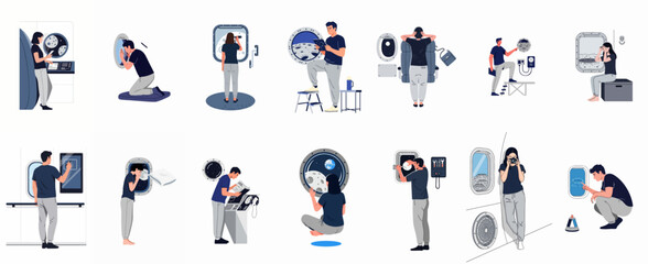 Set of flat illustrations depicting people observing space and the moon from the interior of a futuristic spacecraft or orbital station. © Yola