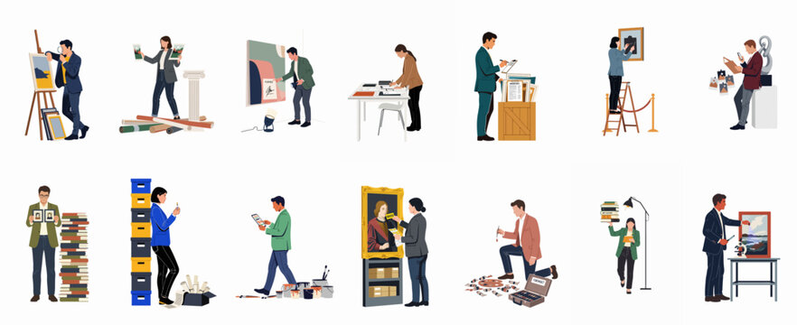 Professionals performing art authentication, restoration, and collection management, featuring experts identifying forgeries and examining paintings in various detailed scenes.