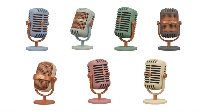 vintage microphones displayed various coloured old fashioned recording devices arranged isolated on a white backdrop for audio communication and music creation