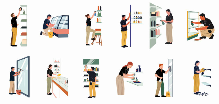 Professional cleaning staff in uniforms performing various maintenance and cleaning tasks in a commercial retail store setting, flat vector illustration set.