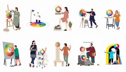 Fototapeta premium Collection of creative professionals and artists interacting with color wheels and palettes for various design, art, and consultation projects.