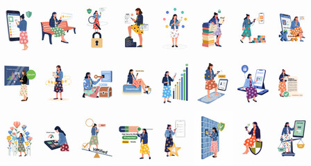 Fototapeta premium Collection of illustrations featuring a woman interacting with digital security concepts, app safety, data privacy, and cybersecurity elements on a white background.