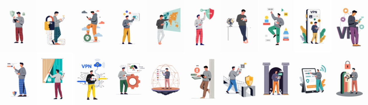 Set of flat vector illustrations depicting a man in casual clothes using a VPN for internet security, data privacy, and global web access.