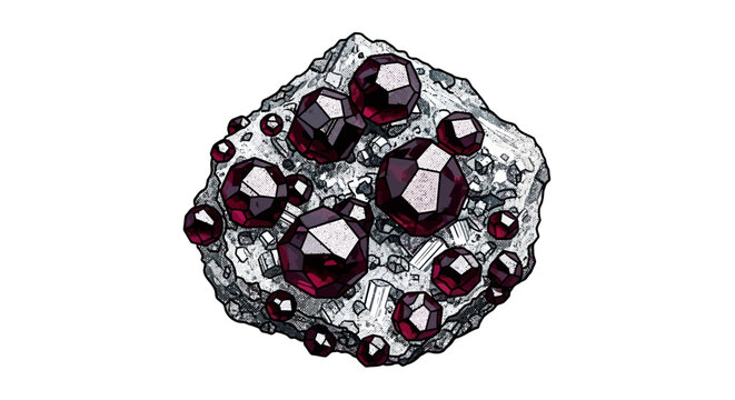 Vector illustration of a collection of raw red garnet gemstones embedded in gray mineral matrix rock isolated on white background specimen