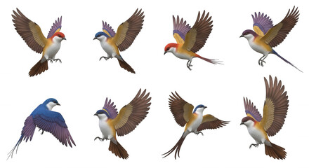 Fototapeta premium colorful birds in mid flight on a white background useful for educational content illustrations and design elements