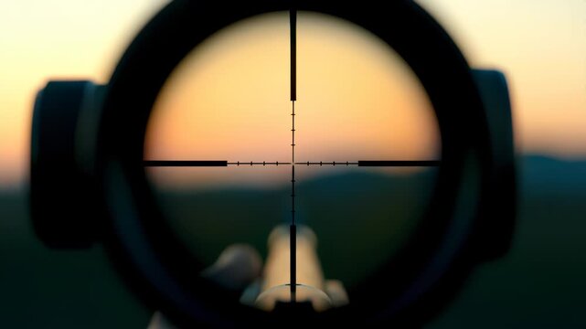 A rifle scope reticle shows crosshairs and hash marks with the barrel visible below