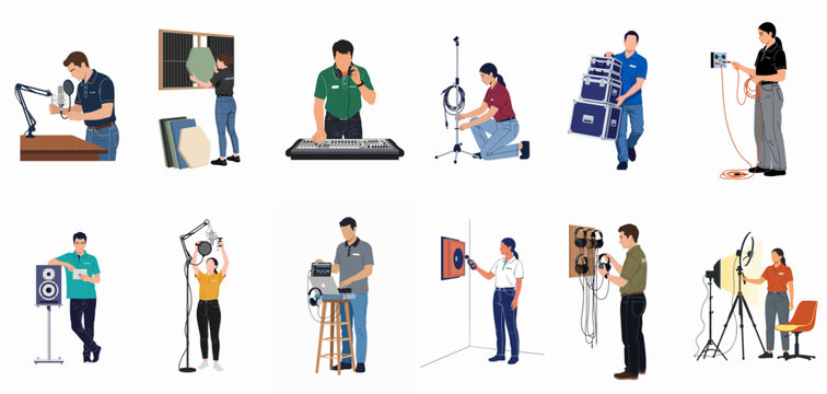 Vector illustration collection of professional audio engineers and technicians working with various sound and recording equipment in a studio setting.