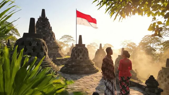 Indonesian couple in traditional batik clothing at borobudur temple with waving national flag at sunrise, cultural heritage travel concept