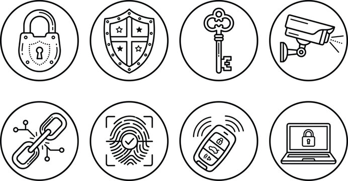 Cyber security technology vector line art circle icon set featuring padlock shield key cctv camera chain fingerprint computer privacy