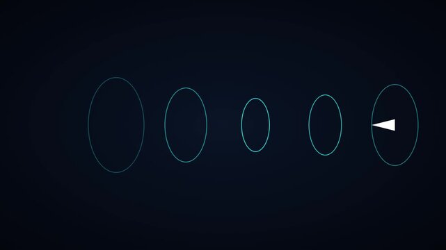 Abstract loading animation with moving arrow and glowing ellipses on dark 4k background, motion