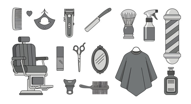 Barbertools and styling equipment set with chair, scissors, comb, mirror, spray bottle, and grooming accessories for hairdressing and barbering services