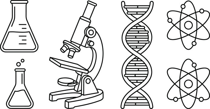 Science research vector line art icon set featuring professional microscope laboratory erlenmeyer flasks dna helix strand and atom symbols