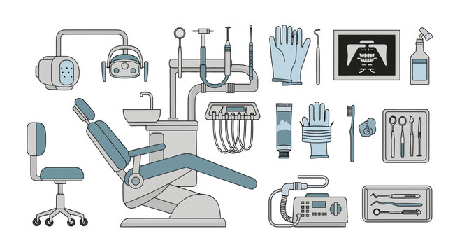 Dental clinic interior with chair tools, x-ray, gloves, disinfectant, and dental instruments suitable for dental surgery, dentistry, medical, healthcare, and patient care