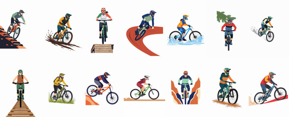 A comprehensive collection of mountain biking vector illustrations featuring various cyclists riding through diverse terrains like mud, water, rocks, and wooden ramps. © Payandu
