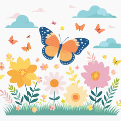 Obraz premium Flat Butterfly and Flowers Art