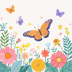 Fototapeta premium Flat Butterfly and Flowers Art