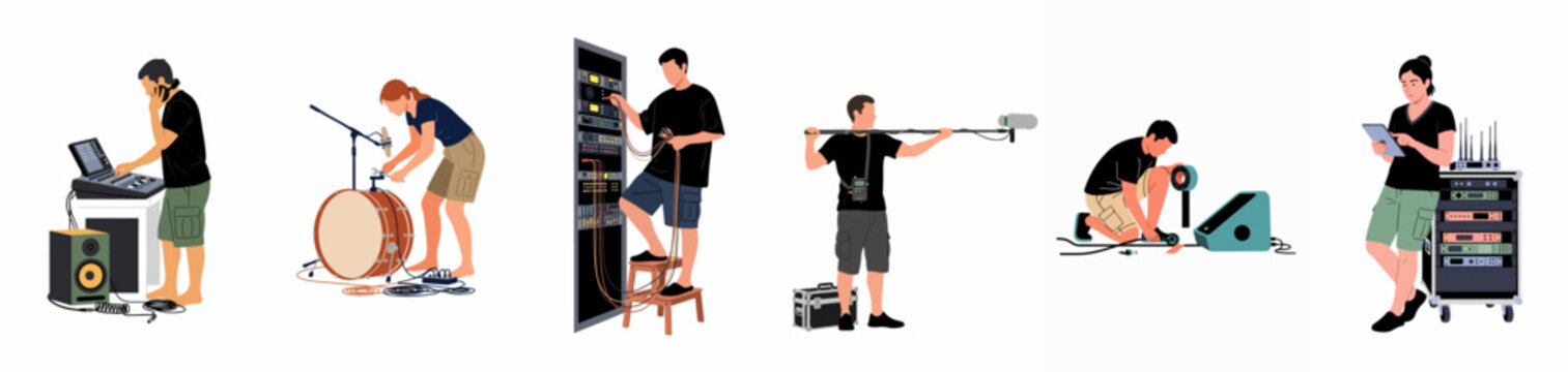 Set of diverse audio technicians and sound engineers working with professional equipment for live events and studio production, isolated on white background.