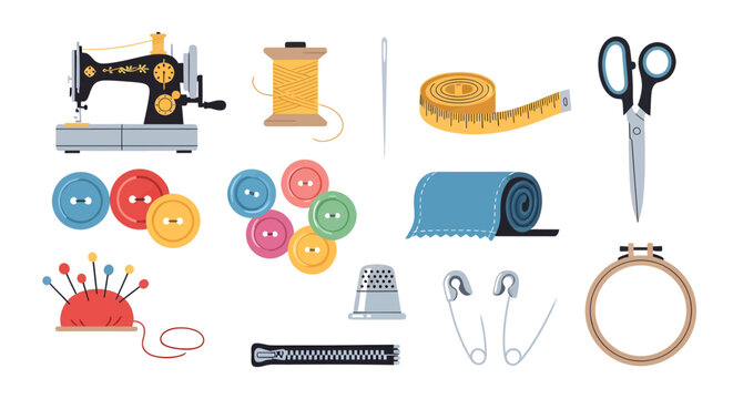 Sewing and tailoring tools illustration, including needle thread, ruler, scissors, buttons, pins, sewing machine, thimble for crafting and textile projects