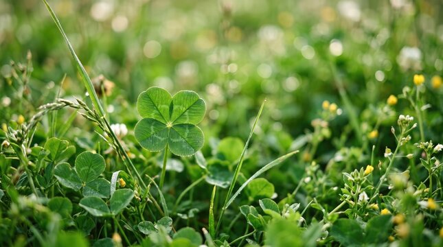 Lucky four leaf clover in a green grassy field with wildflowers