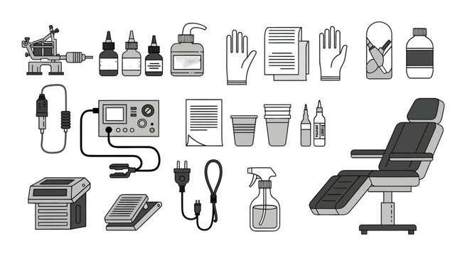 Dental clinic tools and equipment including dental chair microscope handpiece syringes bottles gloves papers and dental supplies