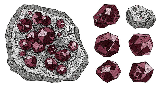 Vector illustration showing a collection of various red garnet crystals in geode and individual gem stones for scientific or design projects