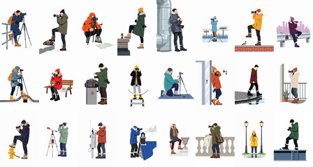 Set of flat vector illustrations depicting various photographers in winter clothing capturing urban and nature scenes with professional camera equipment. © Cristina