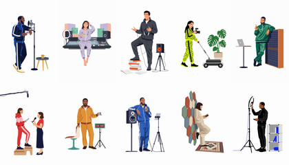 Fototapeta premium Flat Illustration Set of Diverse Professionals in Creative Media, Podcasting, Music, and Photography Industries on a White Background