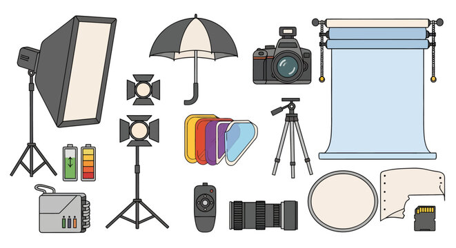 Photography and studio equipment illustration for professional photography setup including lights, camera, backdrop, lens, batteries, and accessories