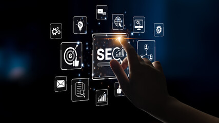Fototapeta premium SEO concept for improving SEO visibility, with SEO related digital tools and SEO performance icons shown in an focused layout for strategic marketing. Spline
