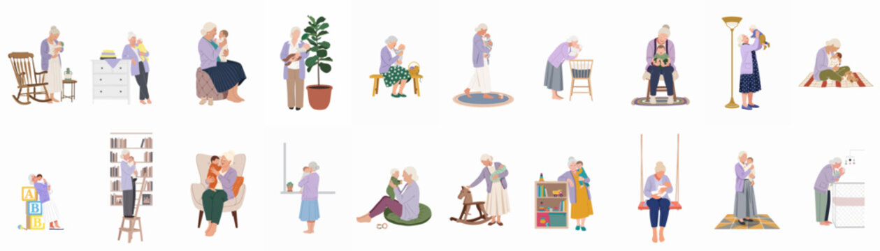 Flat vector illustration set of a grandmother caring for and playing with her baby grandchild in various home settings.
