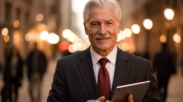 A smiling mature Caucasian man in a suit interacts with a silver tablet in a bustling public area
