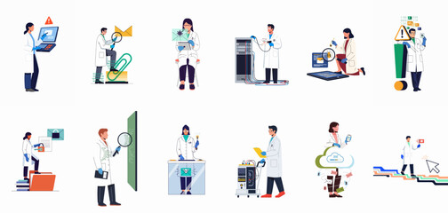 Fototapeta premium A collection of diverse IT professionals and scientists in white lab coats performing tasks related to cybersecurity, data analysis, and technical server maintenance.