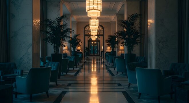 Hotel lobby interior with blue armchairs and palm trees