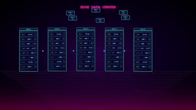 Dynamic animation of an edge computing network showing digital data packets transmitting across virtual server racks in a glowing futuristic cyber hud interface.