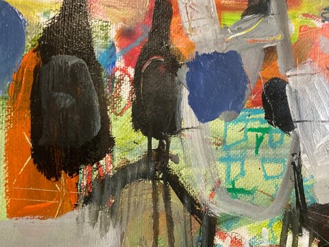 Abstract painting with dark organic shapes and orange blue field