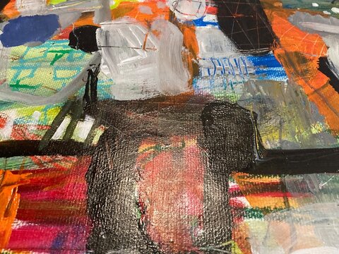 Abstract painting with bold color blocks and dark textured panel