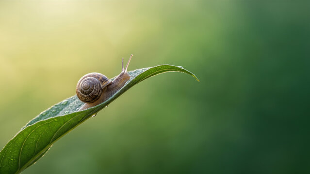 A small brown snail with a spiral shell crawls upwards on a vibrant green leaf dotted with morning dew drops against a soft, sunlit, blurred green background.