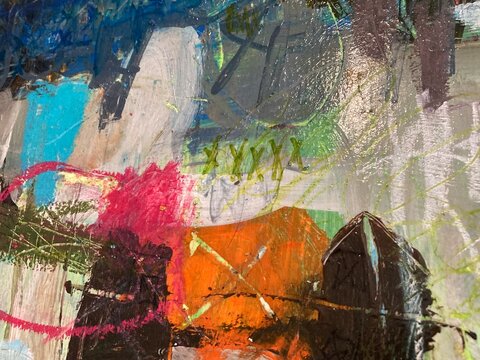 Abstract painting with red scribble marks and orange geometric shapes