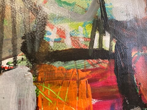 Abstract painting with red and orange color field and dark brushwork