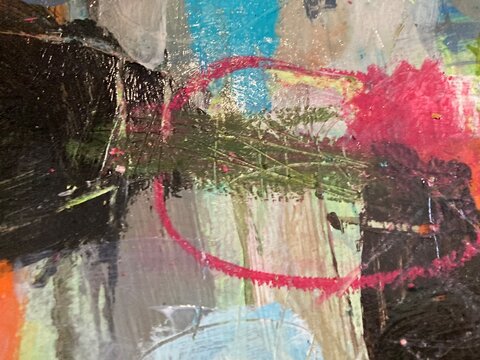 Abstract painting with red curved line and dark organic shapes