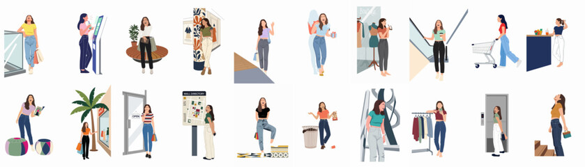 Fototapeta premium Collection of flat illustrations showing young women enjoying various activities and experiences at a modern shopping mall, including shopping, dining, and relaxing.